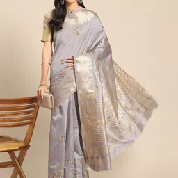 Mitera Grey & Yellow Floral Embroidered Silk Cotton Mysore Silk Saree-image-31