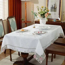 TANLOOMS White & Maroon Floral Embroidered Rectangle Table Cover-image-91