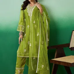 Sangria Floral Embroidered V-Neck Thread Work Straight Kurta Trousers & Dupatta-picture-22