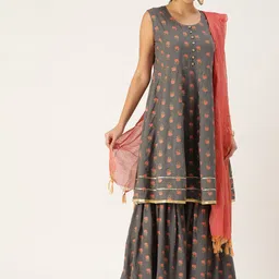 HERE&NOW Women Grey & Peach-Colored Floral Printed Kurta With Sharara & With Dupatta-picture-24
