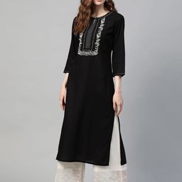 PIROH Women Black & White Ethnic Motifs Yoke Design Keyhole Neck Straight Kurta-picture-27