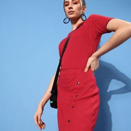 Moda Rapido Red Ribbed Sheath Midi Dress With Front Slit-picture-20