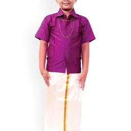 Thala-thalapathy Boys Violet & White Solid Shirt and Veshti-picture-10