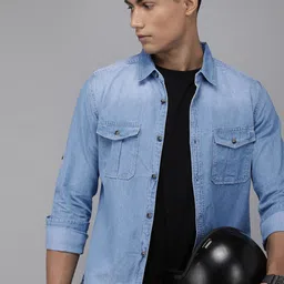 The Roadster Lifestyle Co Men Blue Regular Fit Faded Opaque Pure Cotton Casual Denim Shirt with Pockets-picture-26