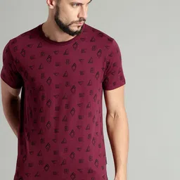 Roadster Men Burgundy All Over Print Round Neck T-shirt-picture-11