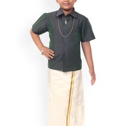 Thala-thalapathy Boys Green & Off-White Solid Shirt with Veshti & Towel With Gift Set-picture-10