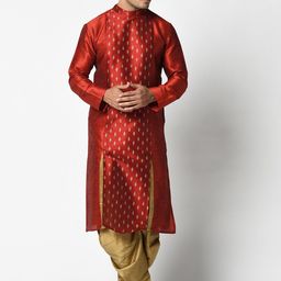 DEYANN Men Red & Gold-Toned Printed Kurta with Dhoti Pants-picture-21