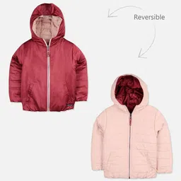 Cherry Crumble Kids Peach & Maroon Solid Reversible Puffer Jacket-picture-41