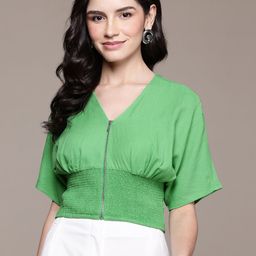 Label Ritu Kumar Smocked Cotton Blouson Crop Top-picture-36