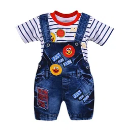 Wish Karo Kids Blue Embroidered Applique Denim Dungarees With T-Shirt-image-1