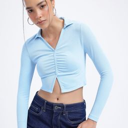 glitchez City Chic Ribbed Ruched Front Slit Crop Top-image-81