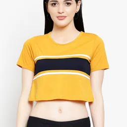 LE BOURGEOIS Women Mustard & Navy Blue Colourblocked Pure Cotton Top-image-42