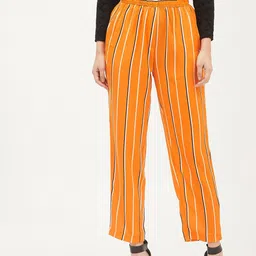 Harpa Women Mustard Yellow & White Smart Regular Fit Striped Trousers-image-93
