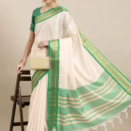 KALINI White & Green Checked Zari Silk Cotton Saree-picture-17