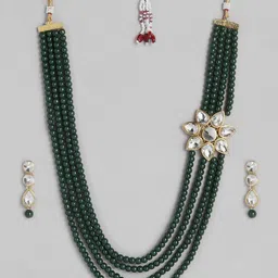 Peora Green & White Beads & kundan Gold Plated Long Necklace & Earrings Set image 3