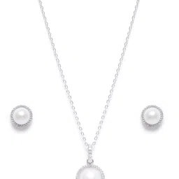 Carlton London Rhodium Plated CZ with Pearl Stud & Necklace Set-picture-41