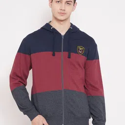 Austin wood Men Red & Navy Blue Colourblocked Hooded Sweatshirt-image-62