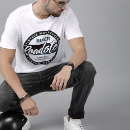 Roadster Men White Printed Pure Cotton T-shirt image 1
