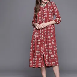 Biba Women Maroon & Beige Ethnic A-Line Midi Dress-image-56