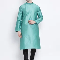 here&now x sanwara Sanwara Men Sea Green Woven Design Silk Straight Kurta-picture-34