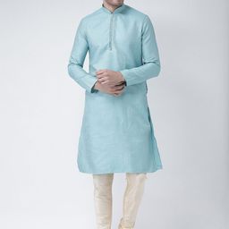 DEYANN Men Turquoise Blue Self Design Kurta with Churidar-picture-36