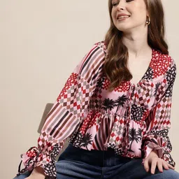 HERE&NOW Printed V-Neck Bell Sleeves A-line Top-picture-40