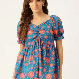 FERANOID Floral Print Sweetheart Neck Puff Sleeves Linen Peplum Longline Top-image-13