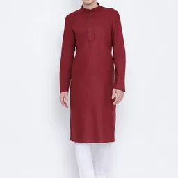 NAMASKAR Men Maroon Solid Straight Kurta-picture-18