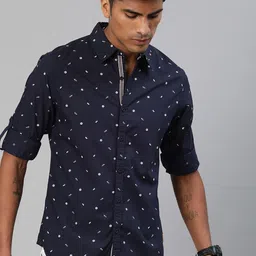 Roadster Men Navy Blue & White Regular Fit Printed Sustainable Casual Shirt-image-24