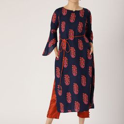 Libas Women Navy Blue & Orange Floral Print Straight Kurta-picture-33