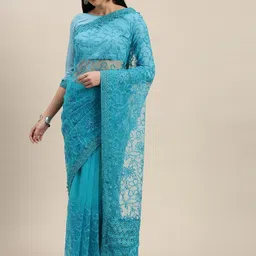 Mitera Turquoise Blue Embellished Net Saree-image-56