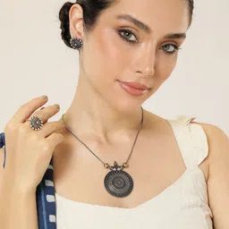 AITIHYA Silver-Plated Oxidised Necklace Set With Ring-picture-15