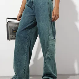 The Roadster Life Co. Women Wide Leg Baggy Heavy Fade Stretchable Cargo Jeans-picture-34