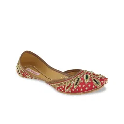 Fulkari Women Red Embellished Leather Mojaris-picture-12