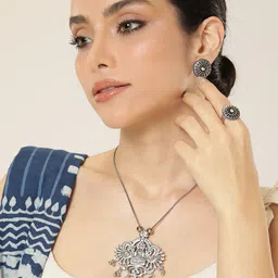 AITIHYA Silver-Plated Oxidised Necklace Set With Ring-picture-18