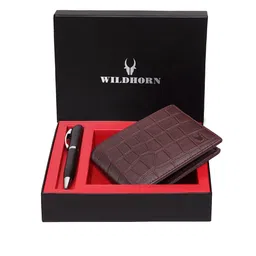 WildHorn Men Brown & Black RIFD Protected Genuine Leather Wallet & Pen Accessory Gift Set-image-91