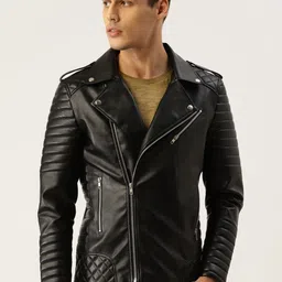 Leather Retail Men Black Solid Lightweight Biker Jacket-picture-40