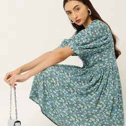 DressBerry Floral Print Puff Sleeves Sweetheart Neck A-Line Dress image 1