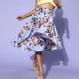 Berrylush Women Blue & Red Floral Printed A-line Flared Skirt-image-61