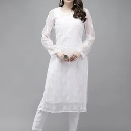 ADA Women White Ethnic Motifs Embroidered Regular Chikankari Handloom Kurta with Trousers-picture-10