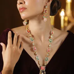 Rubans 22K Gold-Plated Enamel Kundan Necklace Set with Pastel Pink Green Beads & CZ Accent-picture-18