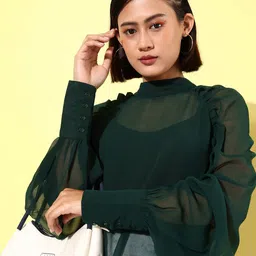 ANVI Be Yourself Mandarin Collar Raglan Sleeves Sheer Georgette Longline Top-picture-12