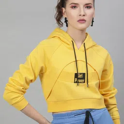 STREET 9 Women Yellow Printed Crop Hooded Sweatshirt-picture-33