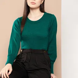 Chemistry Solid Puff Sleeves Acrylic Pullover-picture-50