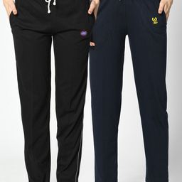 mack jonney VIMAL JONNEY Women Pack of 2 Black & Navy Blue Solid Lounge Pants-picture-22