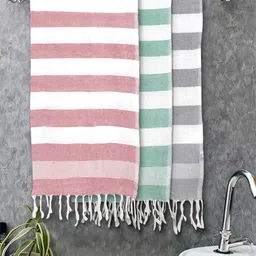 Myntra Elegant Homes 3 Pieces White & Green Striped Cotton 225 GSM Bath Towel-image-79