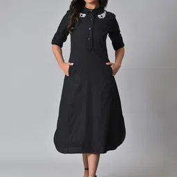 W Embroidered Shirt Collar Pure Cotton A-Line Midi Dress-picture-48