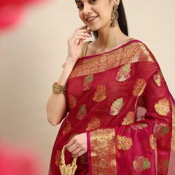 Mitera Red & Golden Floral Zari Organza Kanjeevaram Saree-picture-8