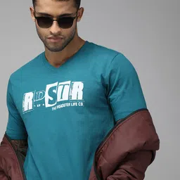 Roadster Men Blue Brand Logo Printed V-Neck Pure Cotton T-shirt-image-36