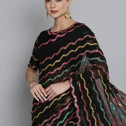 HERE&NOW Black & Pink Striped Sequinned Pure Georgette Saree-picture-17